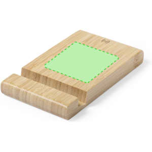A bamboo wireless charger with a smooth surface and a cut-out for a phone. Features a branded logo on the side.