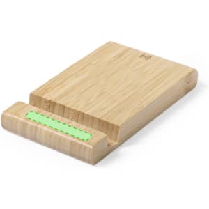 A bamboo wireless charger with a minimalist design and a bright green accent. It includes a logo on the surface.