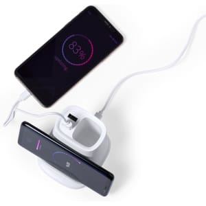 A wireless charger in white with a multifunction pencil holder, featuring two smartphones charging simultaneously.