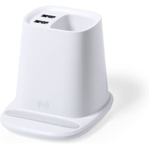 A white multifunction pencil holder with two USB ports and a wireless charging base.