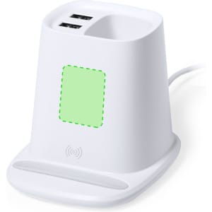 A white multifunction pencil holder with two USB ports and a wireless charging pad on the front.