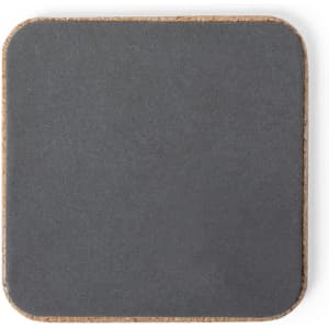 A sleek black wireless charger with rounded corners and a light wood base, featuring a logo.
