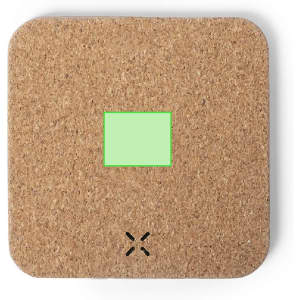 A square wireless charger in natural cork colour featuring a simple green charging indicator and a logo.