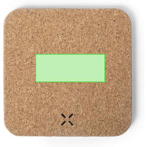 A square wireless charger in a natural cork finish, featuring a green highlighted area and a minimalist design.