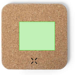 A square wireless charger with a cork texture and a green rectangular charging area. It features a design logo.