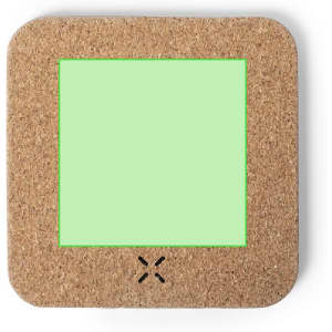 A square wireless charger with a cork exterior and a light green charging surface, featuring a logo.