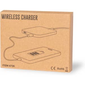 A wireless charger displayed in a brown box, featuring a simple illustration of the charging device and a logo.