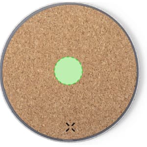 A round wireless charger featuring a natural cork surface with a green charging indicator. The base is grey.