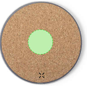 A round wireless charger with a cork surface and a green circular indicator in the centre. It has a minimalist design.