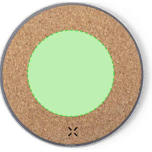 A round wireless charger featuring a cork surface with a green centre and a silver edge.