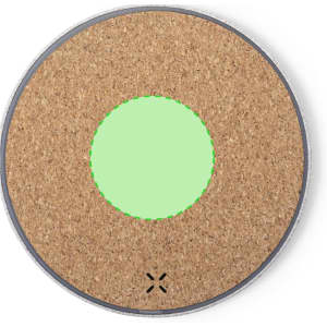 A round wireless charger featuring a cork surface with a central green circle and a small logo.