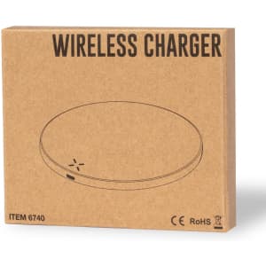 A wireless charger in a round shape, packaged in a brown cardboard box with a logo and outline drawing.