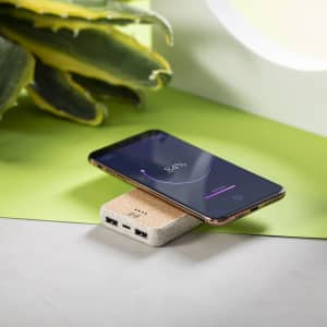 A power bank in light grey with two USB ports, placed under a smartphone displaying battery charge level.
