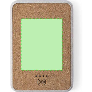 A rectangular power bank with a cork-like texture and a light green charging area, featuring a logo at the bottom.