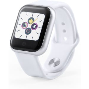A smart watch with a square face, silver casing, and white strap displays colourful icons on the screen.