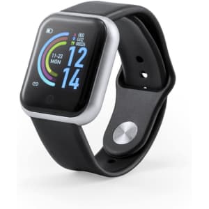 A smart watch with a black strap and a sleek silver bezel, displaying a digital interface with colourful indicators.