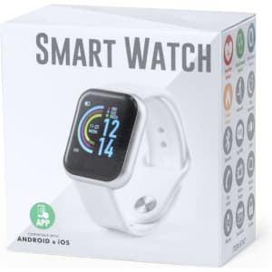 A white smart watch in packaging, featuring a digital display and various icons, compatible with Android and iOS.