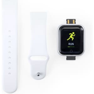 A smartwatch featuring a black display with a running icon and a white strap, accompanied by an extra white strap.