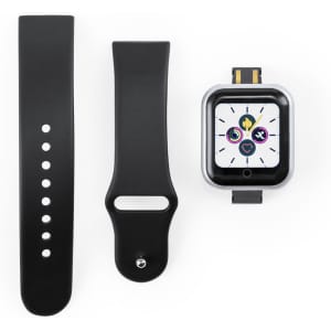 A black smart watch with a square face and two interchangeable black bands, featuring a colourful display.