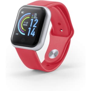 A red smart watch with a silver frame featuring a digital display and various metrics. It has a logo on the side.