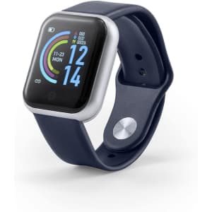 A navy blue smart watch with a square touchscreen display and a silver frame. It has a simple design and a round button.
