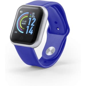 A smart watch with a black screen and colourful display, featuring a blue silicone strap and a silver bezel.