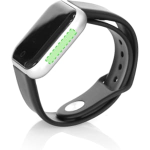 A black smart watch with a silver frame and a green accent, featuring a sleek design and a stylish strap.