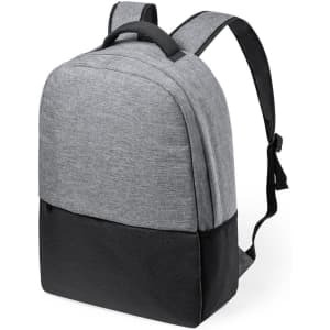 A grey backpack with a black bottom, featuring two shoulder straps and a logo on the front.