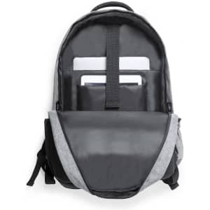 A grey Terrex Backpack featuring multiple compartments and a logo. Inside, it has space for devices and accessories.