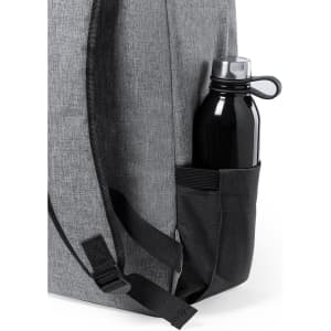 A grey backpack with a water bottle stored in a side pocket. The backpack features adjustable straps and branding.