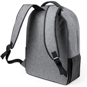 A grey backpack with black accents, featuring shoulder straps and a simple, sleek design. It has a logo.