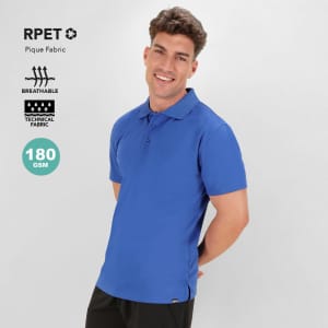 A blue polo shirt made from breathable pique fabric, featuring a logo and a technical fabric label.