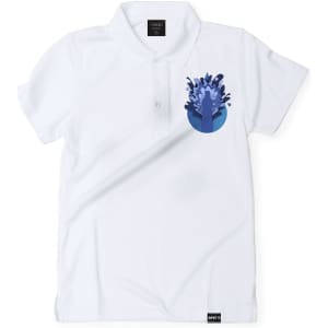 A white polo shirt featuring a colourful graphic design and a logo on the front.