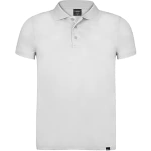 A white polo shirt featuring a collar and buttons, with a small logo on the side.