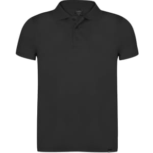 A black polo shirt featuring a collar and short sleeves, with a logo at the hem.