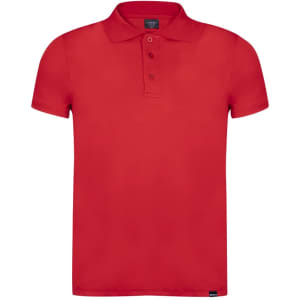 A red polo shirt with a collar and three buttons, featuring a logo on the lower side.