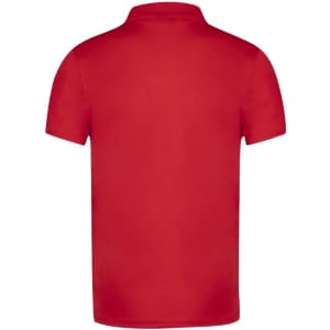 A red polo shirt featuring a collar and short sleeves, with a logo on the back.