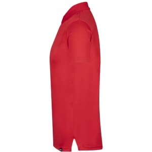 A red polo shirt with a collar and short sleeves, featuring a logo on the chest.