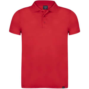 A red polo shirt with a collar and button placket, featuring a logo on the lower side.