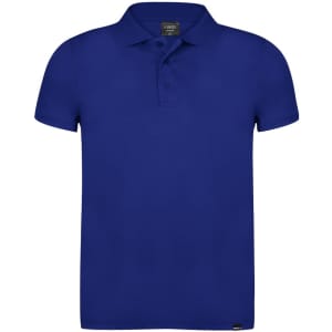 A blue polo shirt with a classic collar and short sleeves, featuring a branding logo.