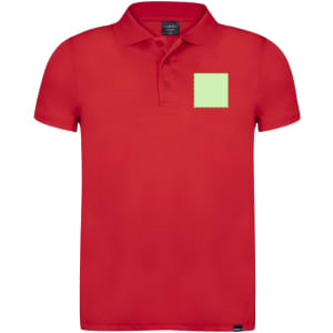 A red polo shirt with a blank square area on the front for logo placement. It features a collar and short sleeves.