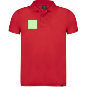 A red polo shirt featuring a placeholder for a logo or branding on the front.