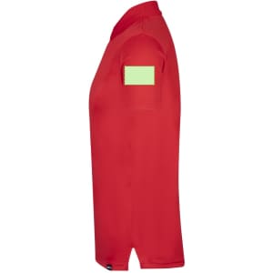 A red polo shirt with a green patch on the sleeve, featuring a logo on the front.
