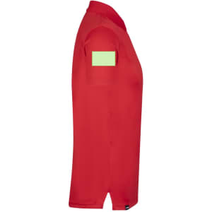 A red polo shirt featuring a green rectangular patch on the sleeve and a logo on the front.