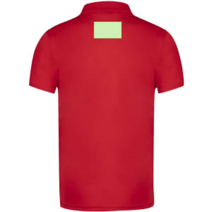 A red polo shirt featuring a plain back with a branding label area.
