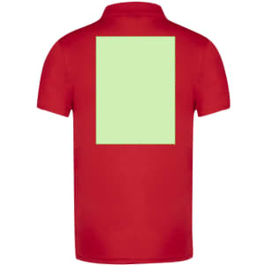 A red polo shirt featuring a blank area on the back for customisation. It has a collar and short sleeves.