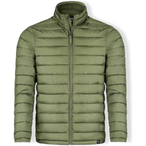 A puffer jacket in olive green with a zip front and a high collar, featuring a logo on the side.