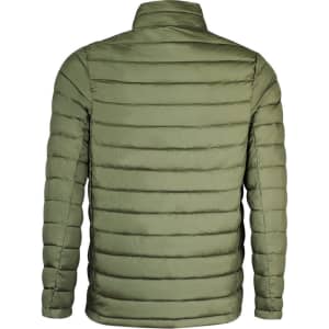 A green puffer jacket with a quilted design, featuring a high collar and a back view. It has a logo on the back.