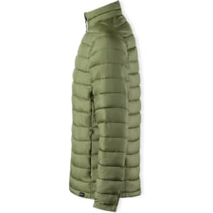 A puffer jacket in olive green with a zip front and a high collar, featuring logo branding on the side.