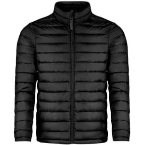 A black puffer jacket featuring a zip front and a high collar, with a logo on the side.